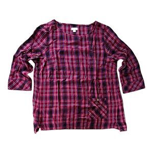 J Jill Womens Size L Maroon Pink Plaid Tunic Blouse Top Front Pocket Pullover